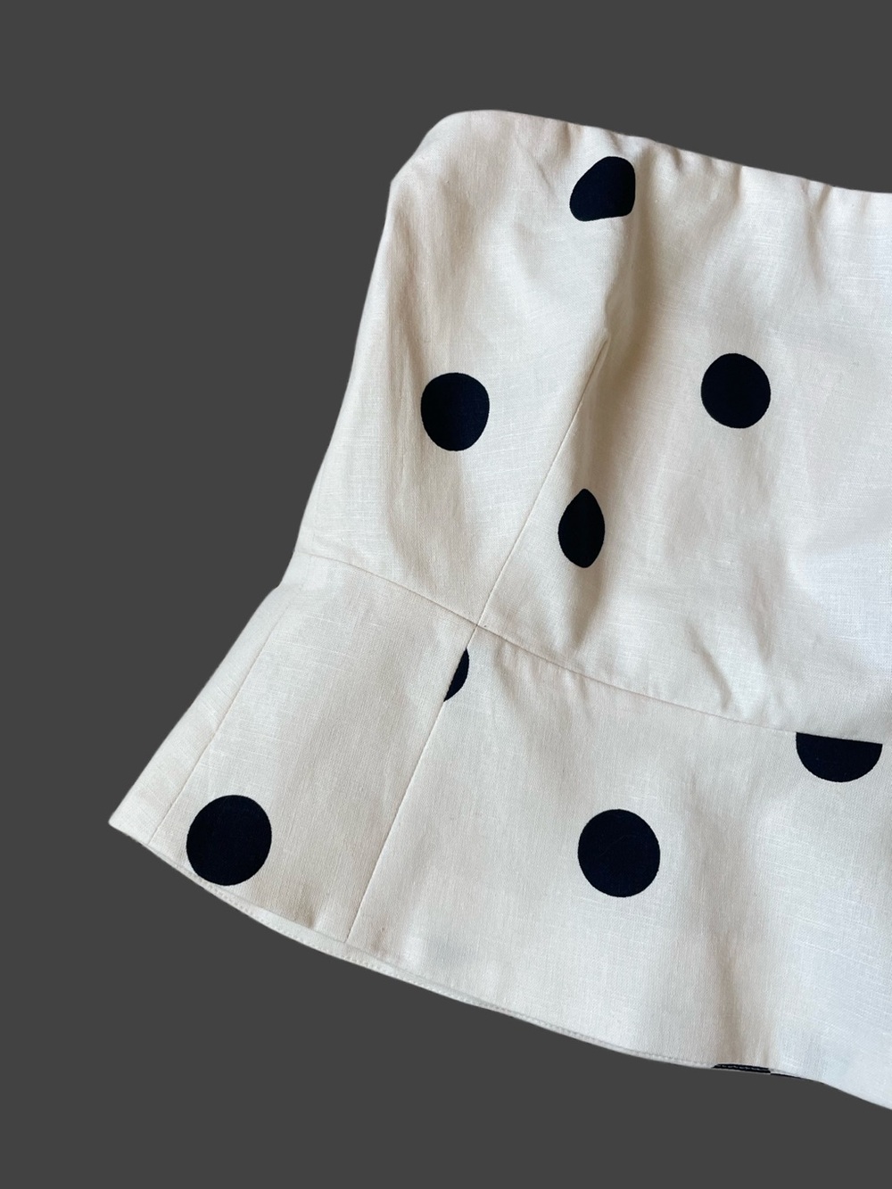 SEZANE EDITIONS Ecru Cream & Black Polka Dot Printed Linen Strapless Peplum Top - Picture 9 of 17